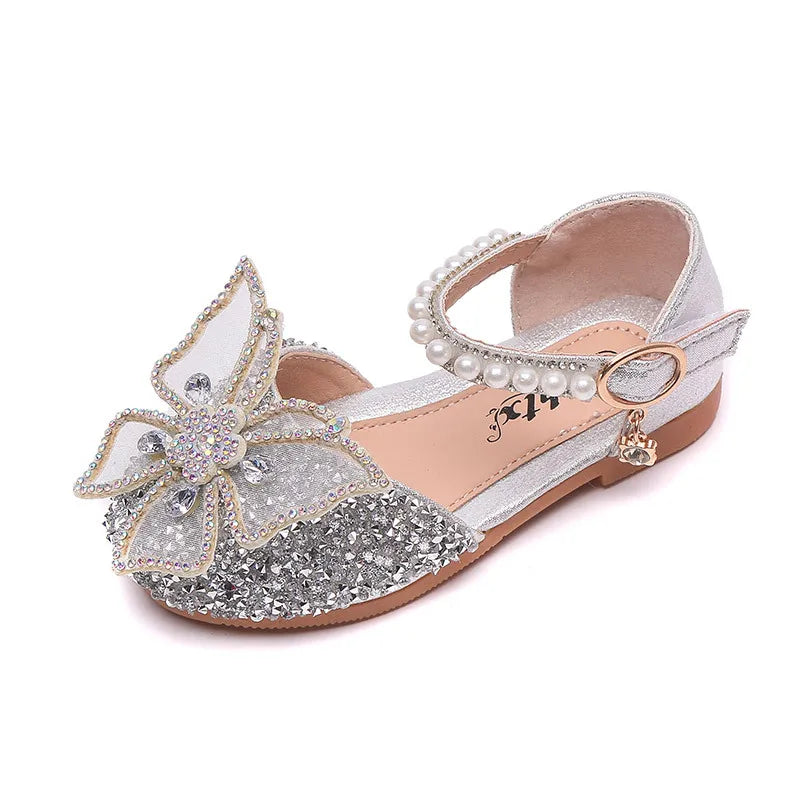 Girls Sequin Lace Bow Kids Shoes Girls Cute Pearl Princess Dance Single Casual Shoes 2026 New Children's Party Wedding Shoes