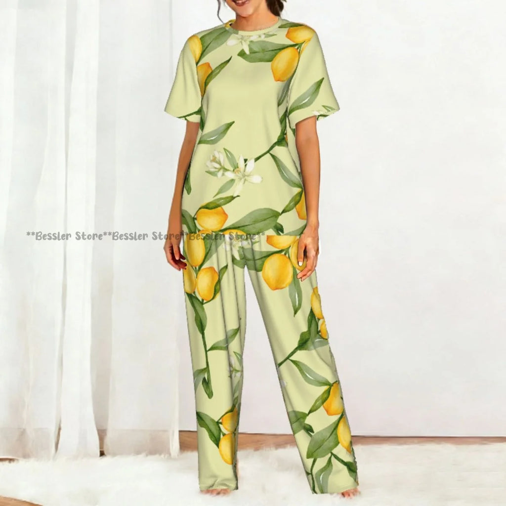 Women's Lemon Citrus Yellow Fruit Leaves short sleeve trousers casual pajamas set
