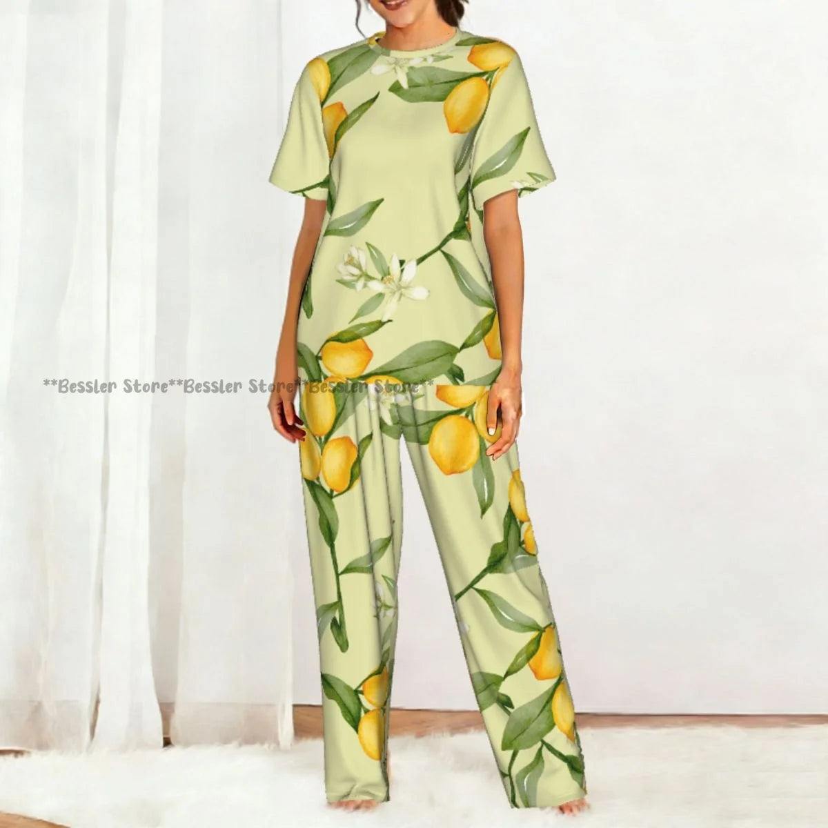 Women's Lemon Citrus Yellow Fruit Leaves short sleeve trousers casual pajamas set