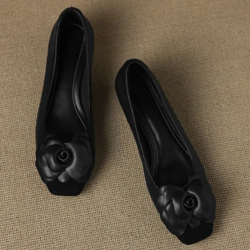 Plus size 34-41 women's sheepskin mix color patchwork slip-on pumps flower decoration OL style daily slim dress heeled shoes hot