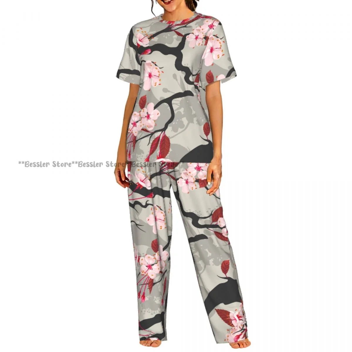 Women's Blossom Cherry Flower Background short sleeve trousers casual pajamas set